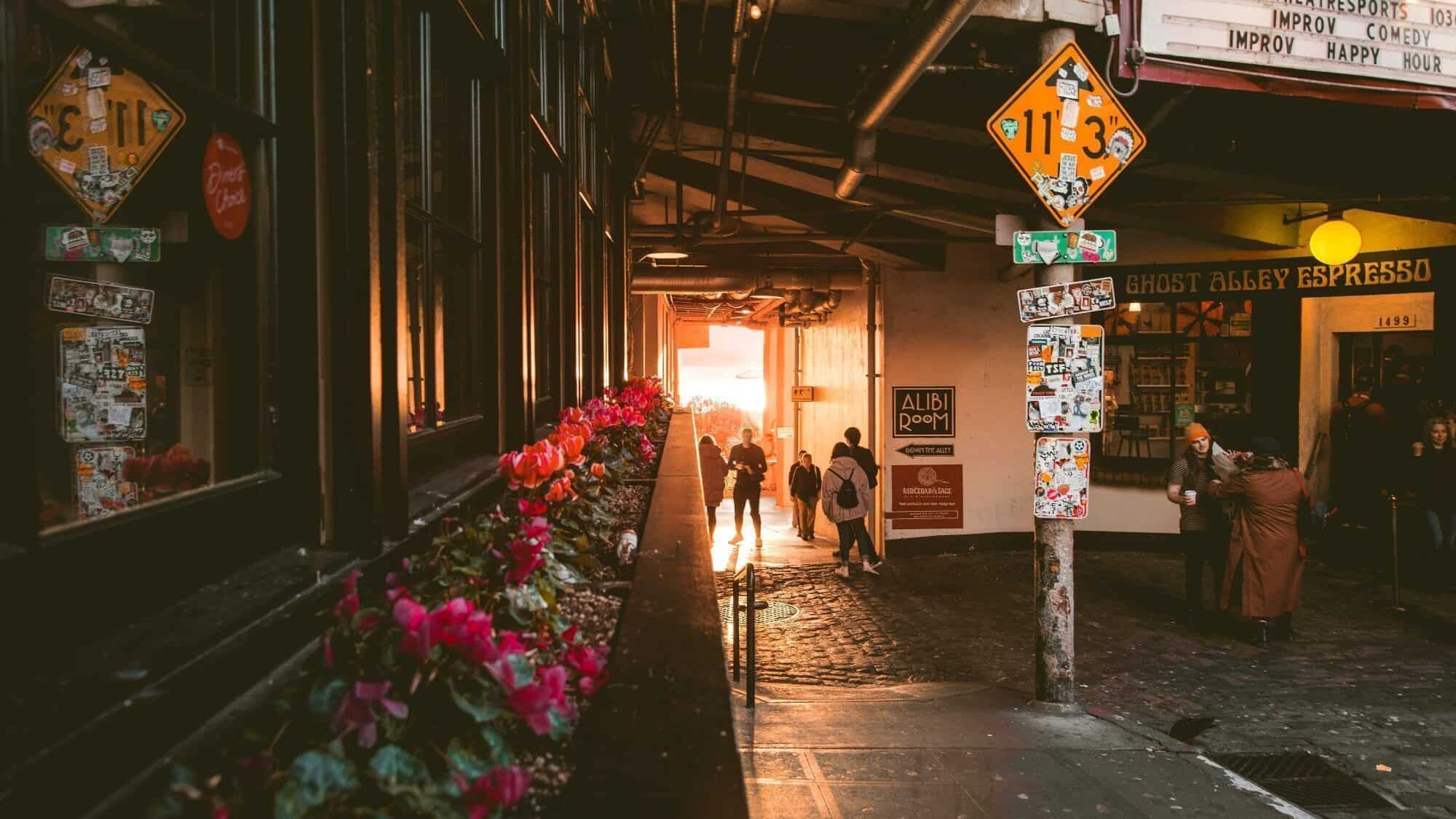 People walk down a cobblestone alley at sunset, bathed in the glow of Red Sun Season, with flowers in the foreground, sticker-covered signs, and storefronts on either side, including The Pulse coffee shop and a comedy theater.
