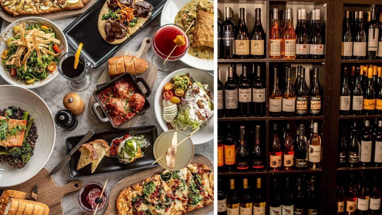 An assortment of dishes including pizza, salads, meat, and cocktails on a table; a wine rack with various wine bottles to the right. Welcome to Bothell, where hidden Washington culinary gems await.