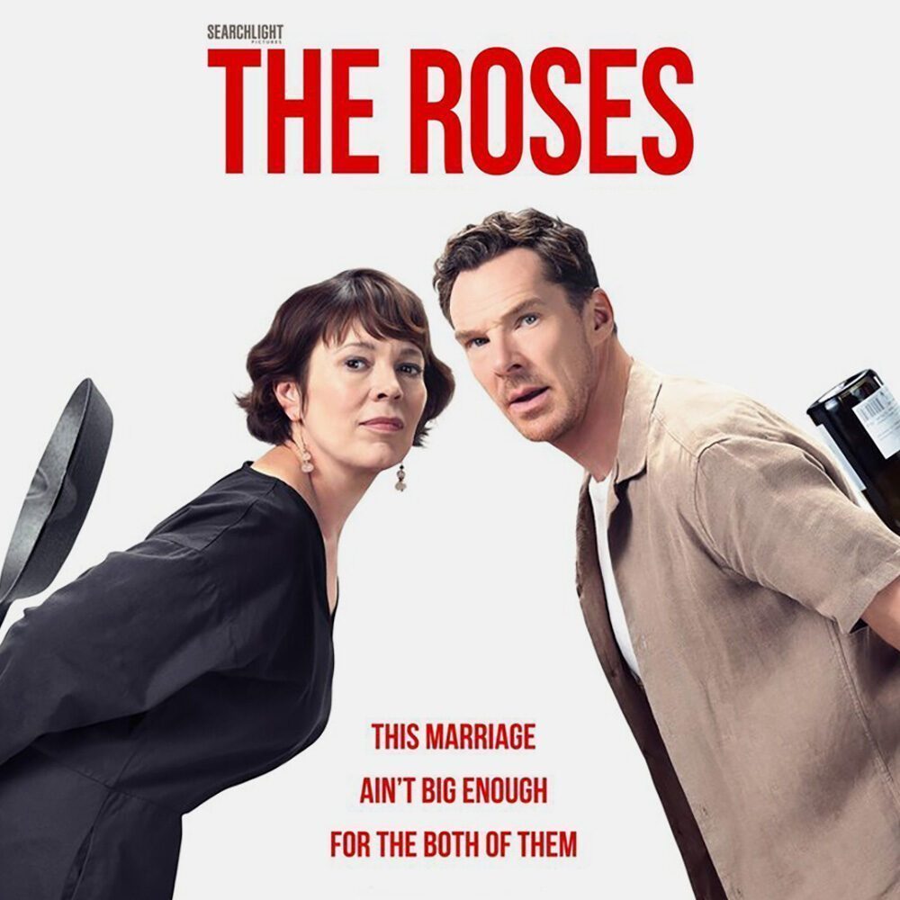 A woman with a frying pan and a man with a wine bottle stand back to back under the title "The Roses," with the tagline "This marriage ain't big enough for the both of them." A Must List pick for 08-28-2025.