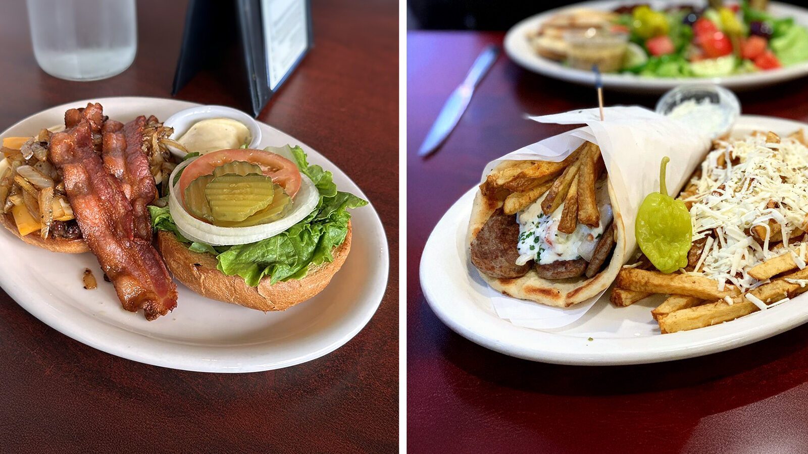 Two plates of comfort food: one featuring a Time Out Burger loaded with bacon, cheese, lettuce, tomato, onion, and pickles; the other showcasing a gyro with fries and a side salad in the background.