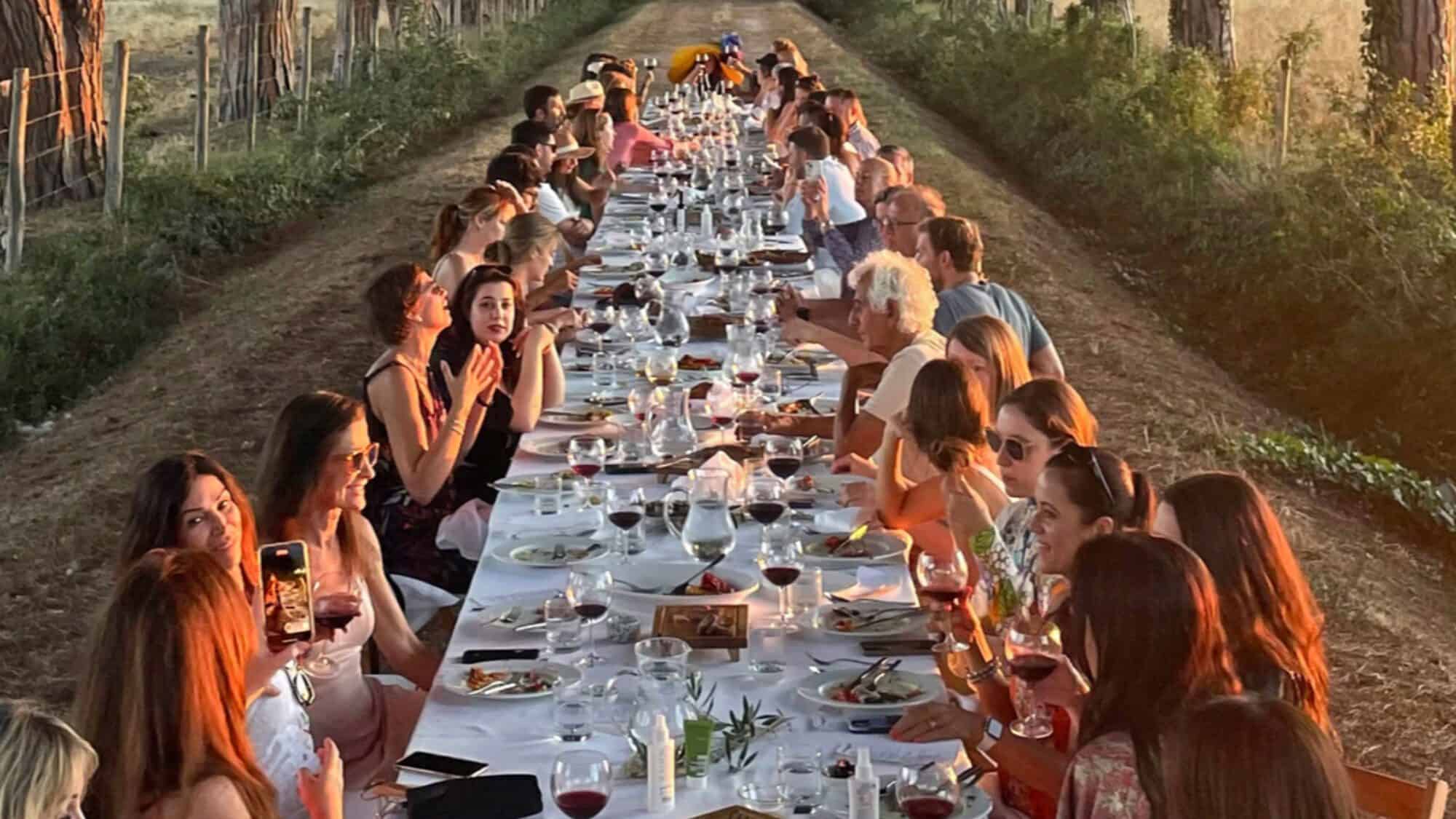 A long outdoor table set for a meal, with many people dining and conversing on both sides, surrounded by trees and countryside at sunset.