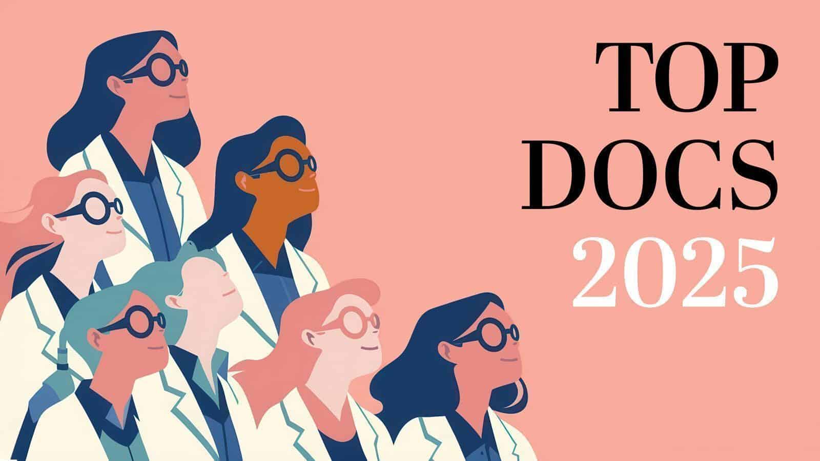 Illustration of seven doctors in white coats and glasses, looking upward, next to the text "TOP DOCS 2025" on a pink background—celebrating Seattle magazine top docs.