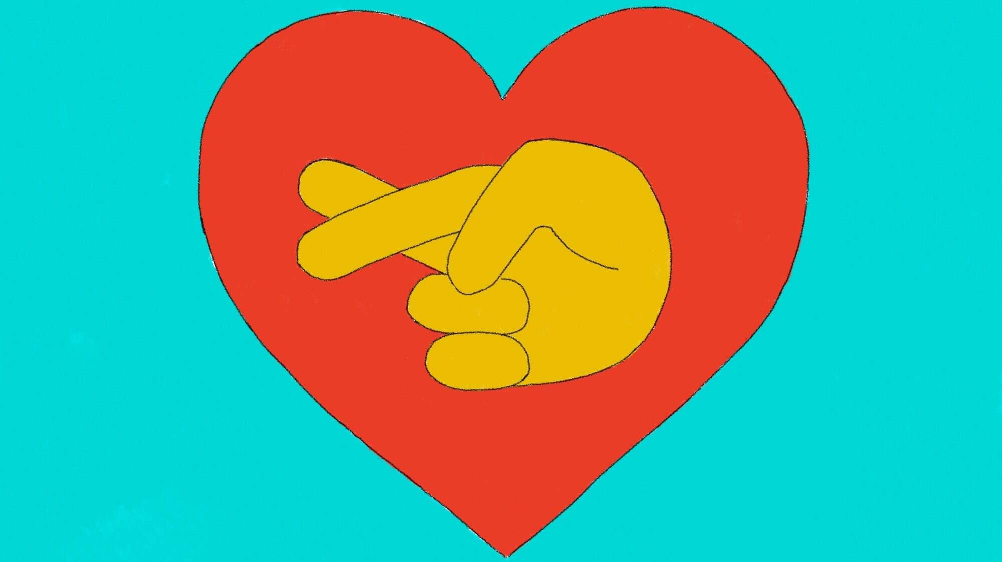 A graphic of a yellow hand making a snapping gesture inside a large red heart on a turquoise background, symbolizing honesty in relationships.