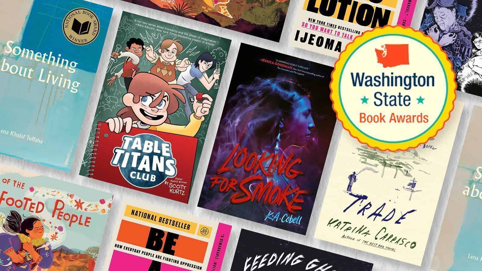 A selection of book covers is displayed, with a "2025 Washington State Book Awards winners" badge prominently featured on the right side of the image.